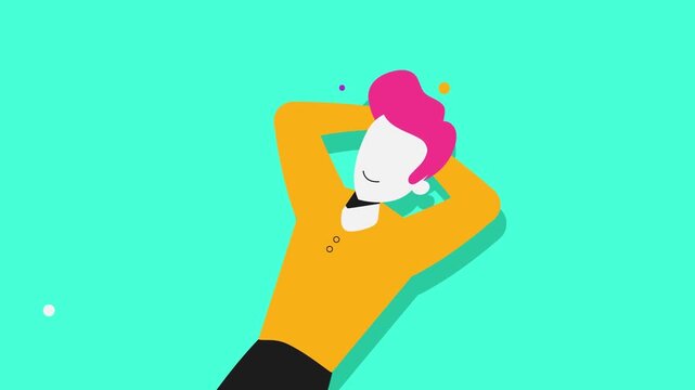 Relaxed man lying with hands behind head in colorful 2D animated motion graphic vector video clip