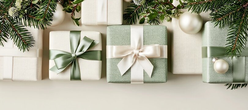 Minimalist Christmas Gift Packages in Elegant Sage Green and Ivory on Neutral Background Display
