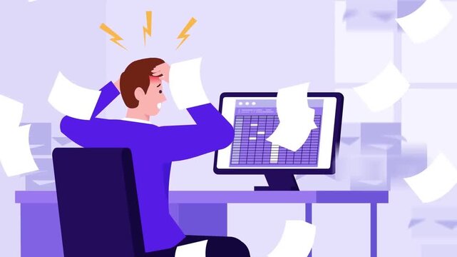Stressed office worker sitting at computer desk with flying papers in 2d animation video clip