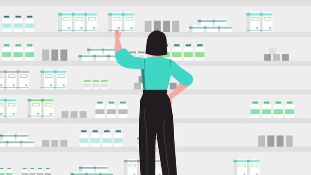 Woman shopping in grocery store aisle looking at products on supermarket shelves in digital vector animation footage