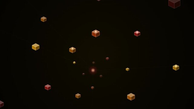 Floating geometric cubes arranged around a central glowing sphere in a dark space forming a looping network pattern.