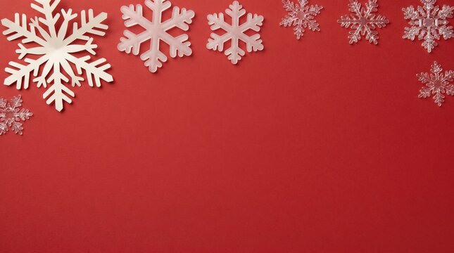 Flat lay holiday background featuring decorative white and transparent snowflakes on red