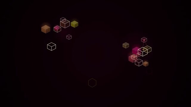 Abstract wireframe cubes float and rotate in a seamless digital loop against a dark background.