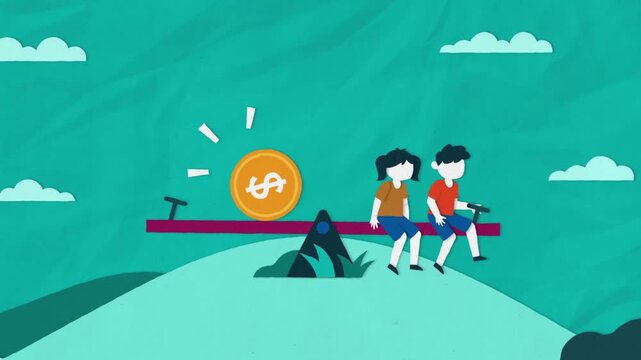Children playing on seesaw with giant dollar coin in colorful paper cut animation loop video footage