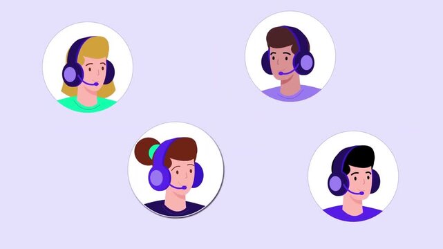 Customer support team wearing headsets during online communication video animation for business services and call center agency