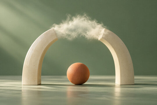 Orange sphere beneath a broken white arch joined by a cloud