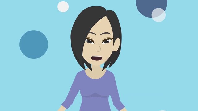 Animated female character talking and gesturing with her hands in 2d cartoon video footage clip
