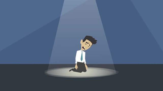 Sad businessman crying and kneeling under spotlight vector animation clip showing emotional stress and despair