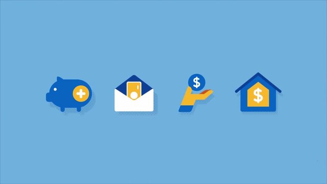Financial planning video clip with flat vector icons showing banking savings and investments against blue background