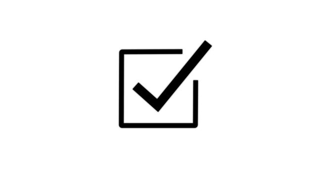 Animated check mark icon in square box, minimalist black and white motion for user interface and task completion