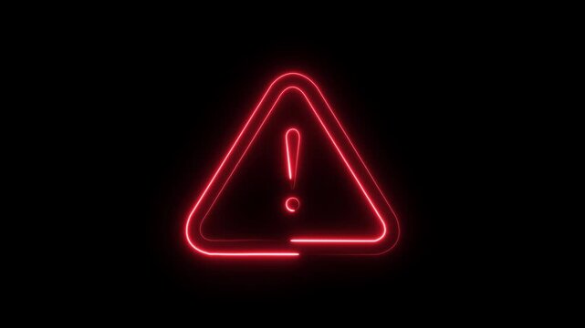 Glowing red neon warning triangle sign with exclamation mark symbol on black background