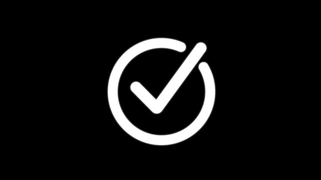 Animated check mark icon in circle, minimalist white success symbol on black background