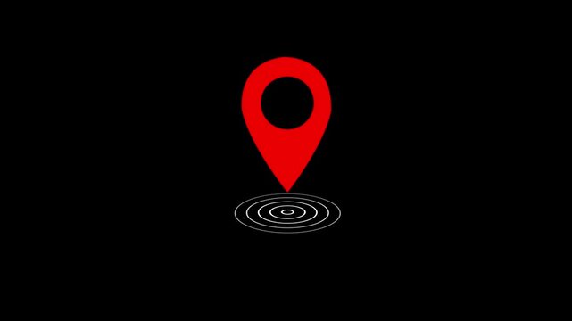 Red map pin location marker icon with pulsing radar animation on black background