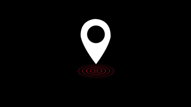 Animated map pin icon with pulsing red location signal on black background, location marker