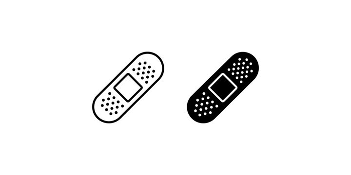 Medical bandage adhesive plaster icons in outline and solid black styles for healthcare and first aid graphic design.