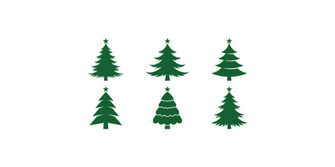 Green christmas tree silhouettes collection with star toppers for festive holiday season designs. © janan01