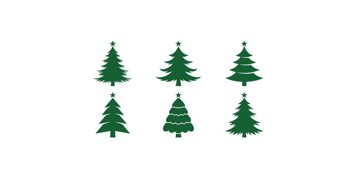 Green christmas tree silhouettes collection with star toppers for festive holiday season designs.