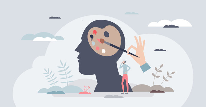 Art therapy mind palette, a head silhouette, paintbrush, and color spots show emotions shaped into balance, symbolizing creative mental healing. Tiny style