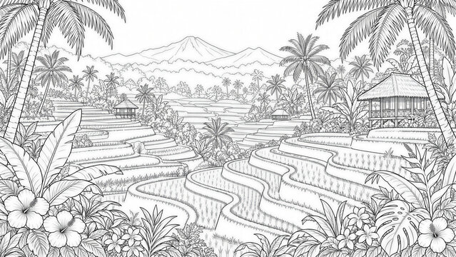 Tropical Tegallalang rice field line art illustration for adult coloring book, featuring hibiscus flowers and wooden huts