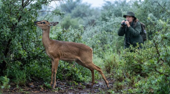 A wild dibatag feeding on green shrub leaves in a rainy African savanna with a distant observer