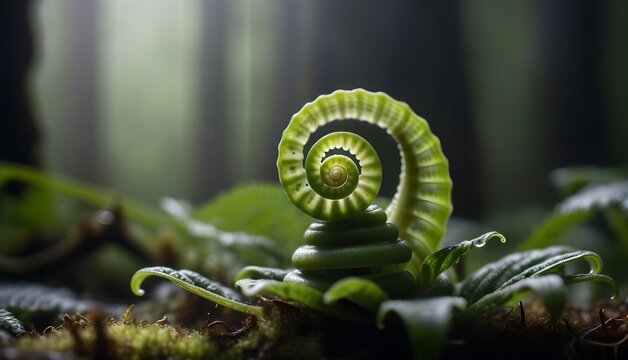 Curling green fiddlehead fern unrolling in thick atmospheric morning fog in a tropical rainforest
