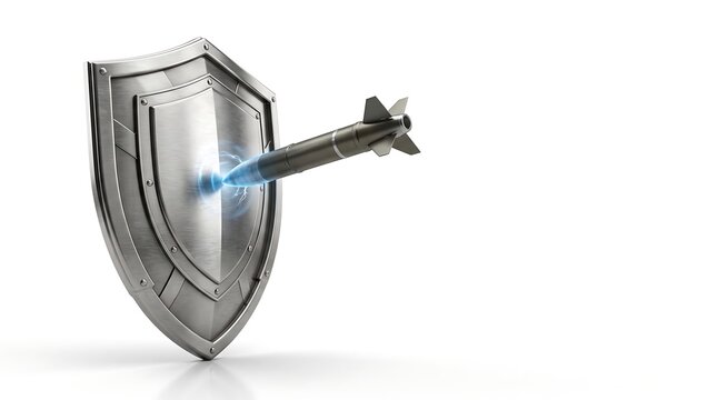 Elegant Photorealistic Silver Shield Blocking Generic Missile on White Background