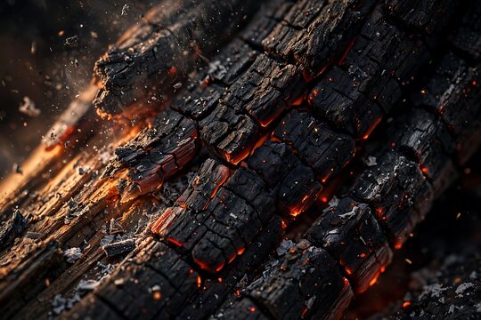Glowing embers of burning wood log