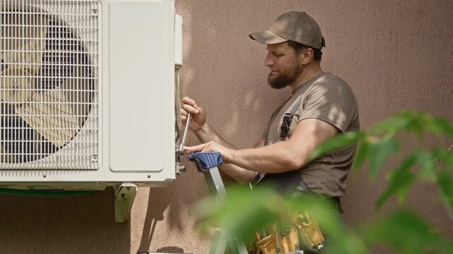 Caucasian middle aged technician using wrench to install outdoor air conditioner unit on wall. Footage fits HVAC maintenance services, home repair advertising, and trade industry campaigns