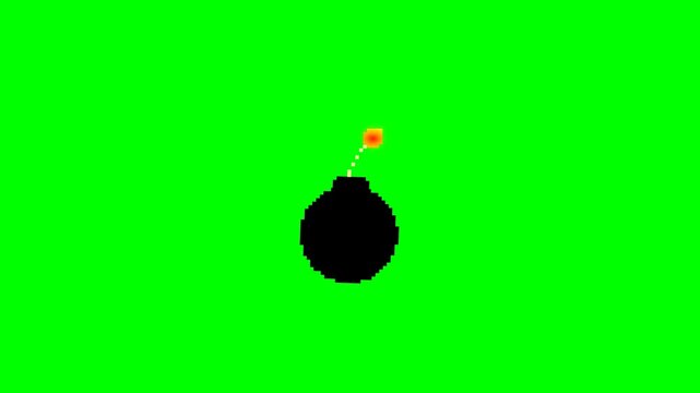 Pixel Art Bomb with Burning Fuse on Green Screen