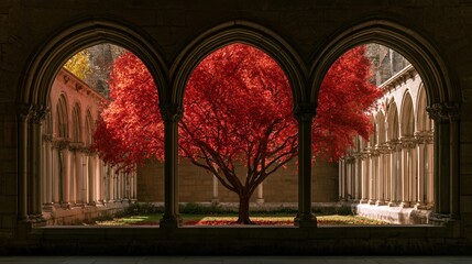 Obraz premium A long stone cloister surrounds an open courtyard filled with one brilliant red tree, using repeating dark arches to frame the intense seasonal color from multiple directions