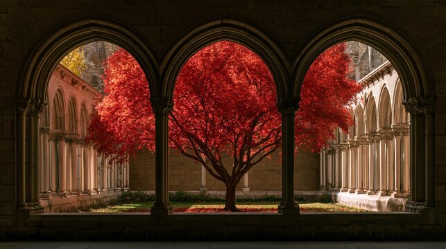 A long stone cloister surrounds an open courtyard filled with one brilliant red tree, using repeating dark arches to frame the intense seasonal color from multiple directions