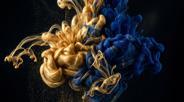 Abstract Golden and Blue Fluid Smoke Swirls on a Dark Background