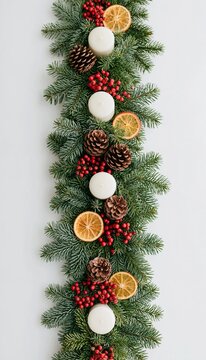 Festive Christmas Garland Decoration with Pine Cones Red Berries Dried Oranges and White Candles