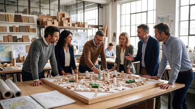 Architecture team reviews a large city model together during a focused urban planning workshop, in a focused contemporary workplace