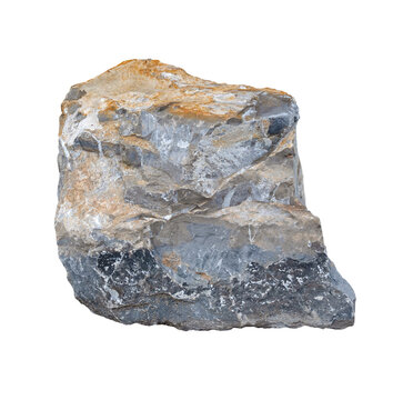 Rock boulder isolated on white background, large natural stone with rough gray and brown texture, weathered orange stains, cracks layered surface for landscape design, geology environment garden art