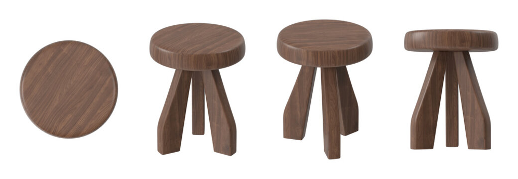 Set of wooden stools with a round seat and three legs shown from multiple viewing angles