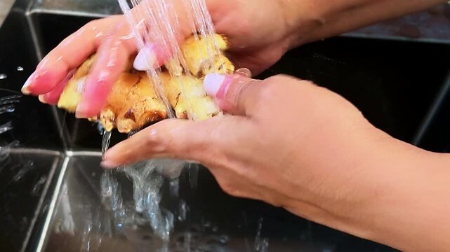 Closeup of Indian woman's hands washing fresh ginger root under running tap water in a kitchen sink, preparing ingredients for home cooking, food hygiene and meal preparation.