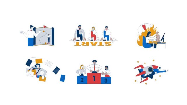 Career competition productivity and professional success doodle animation pack. Strategic roadmap. Corporate overworked animated flat 4K video collection isolated on transparent background