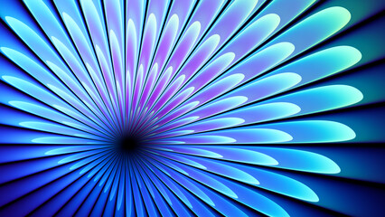 Fototapeta premium Futuristic blue purple abstract gradient with radiant geometric rays converging toward dark center. Curved radial flowing beams with luminous gradients and sharp dark divisions create depth and motion
