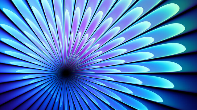 Futuristic blue purple abstract gradient with radiant geometric rays converging toward dark center. Curved radial flowing beams with luminous gradients and sharp dark divisions create depth and motion