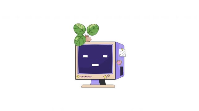 Cute retro computer with pixel smile and houseplant 2D cartoon animation. Kawaii nostalgic desktop monitor decorated with flowerpot animated flat colorful element 4K video on transparent background