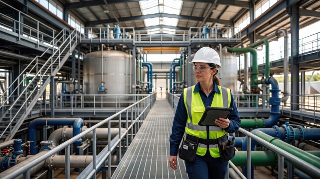 Female engineer inspects equipment inside a water treatment facility while recording observations on a tablet, during skilled work