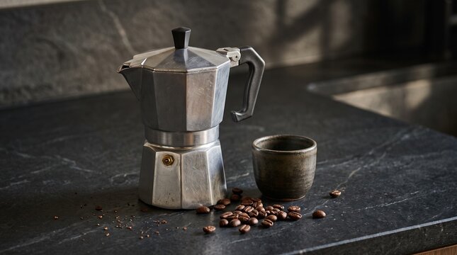 Photorealistic premium product still life of a classic octagonal stovetop espresso maker in brushed aluminum, on a dark stone counter stop