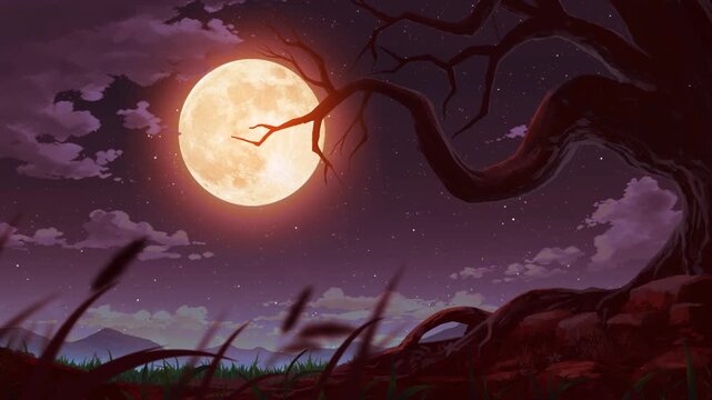 horror scary vibe hallowen dead tree landscape with red moon and swaying grass
