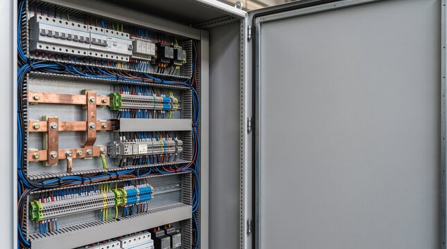 Industrial electrical control cabinet with copper busbars and breakers.
