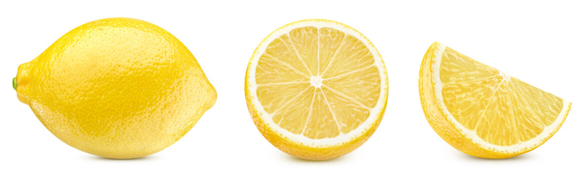 Lemon collection set with whole, half, slices and wedges isolated on white background. Fresh organic yellow citrus with clipping path