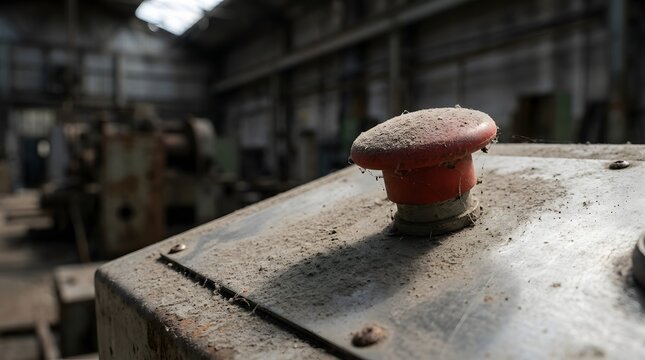 Dusty red emergency stop button on an old control panel in an abandoned industrial factory illustrating neglected equipment for workplace safety manuals