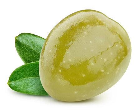 Organic one green olive with leaves isolated on white background with clipping path close up. Fresh ripe olive fruit. Professional food photography