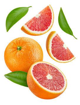 Levitating Sicilian red orange slices with fresh foliage. Falling orange isolated white background
