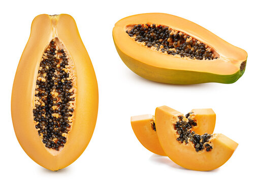 Papaya half isolated on white. Papaya on white background. Papaya fruit collection with clipping path. Full depth of field.